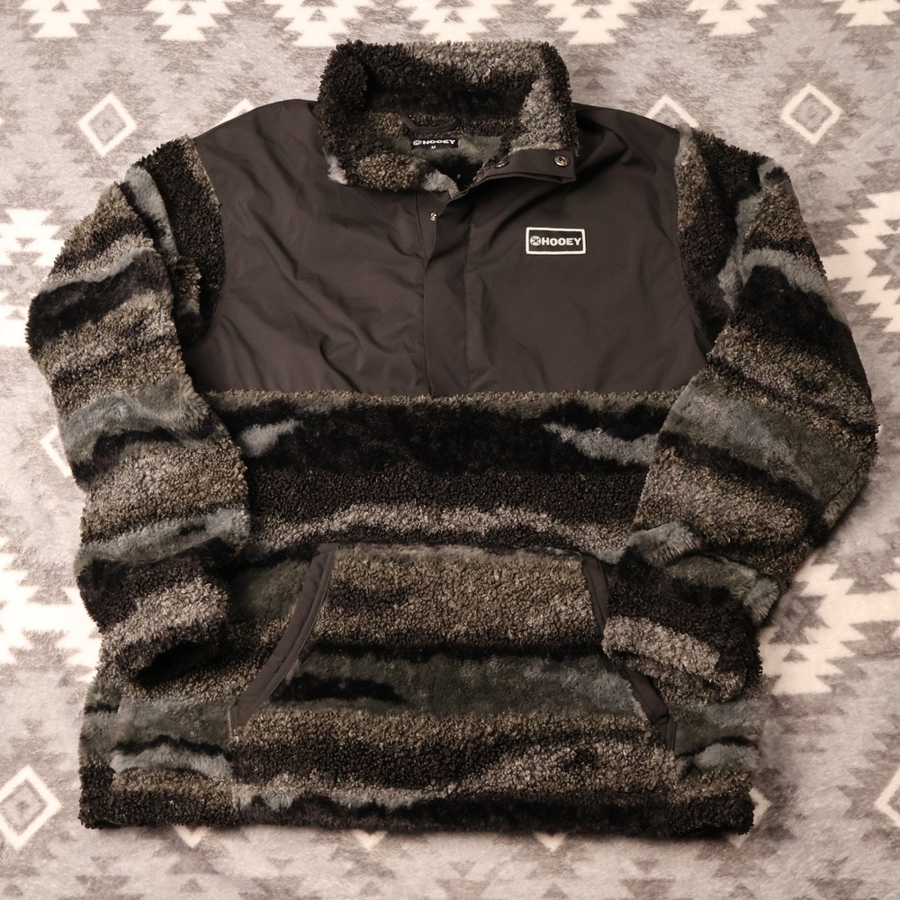 Hooey Camo Sherpa Fleece Quarter Snap Pullover Jacket Grey Black Mens Medium
